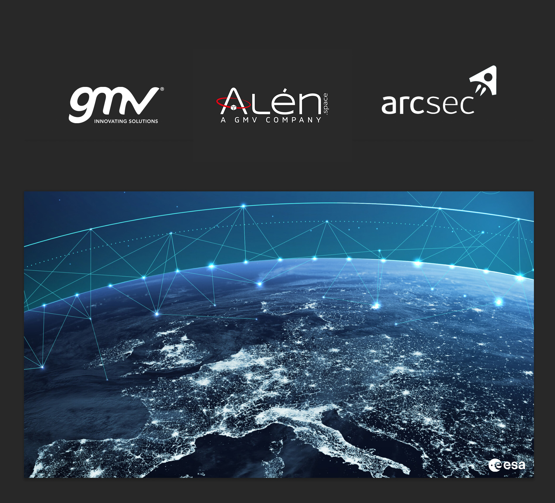 The logos of the 3 argus parties, above a nighttime sattelite image of europe with geometric shapes